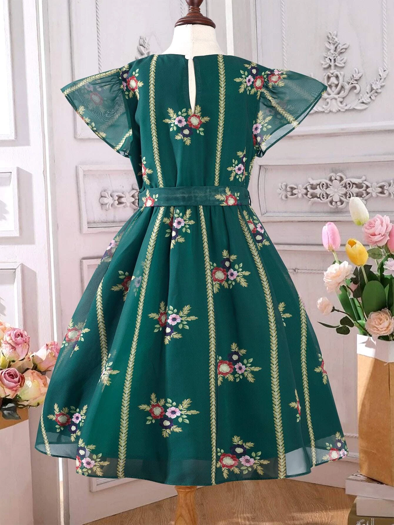 فستان بناتي راقي اكمام منتفخة بطباعة الأزهار - الصورة 2