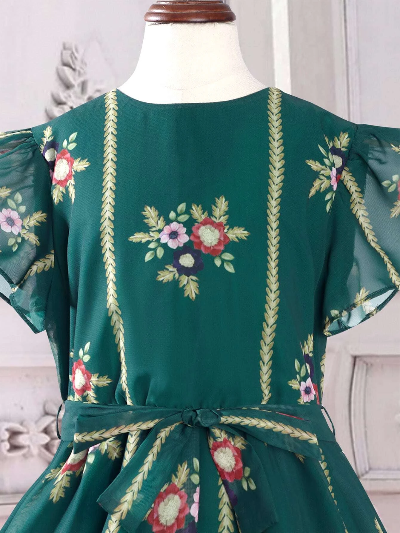 فستان بناتي راقي اكمام منتفخة بطباعة الأزهار - الصورة 4