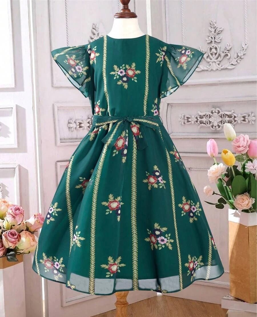 فستان بناتي راقي اكمام منتفخة بطباعة الأزهار