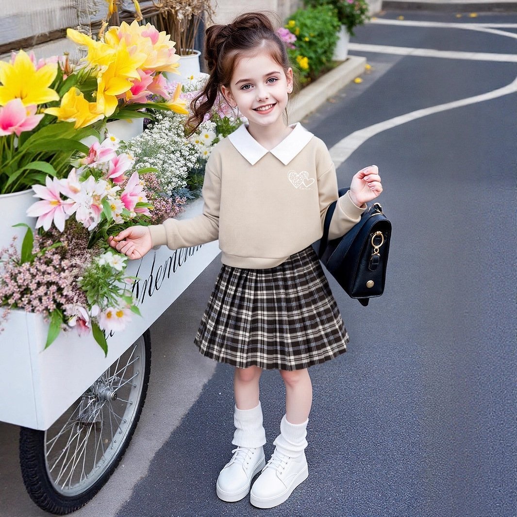 طقم بناتي يتكون من قطعتين بلوفر بأكمام طويلة وتنورة