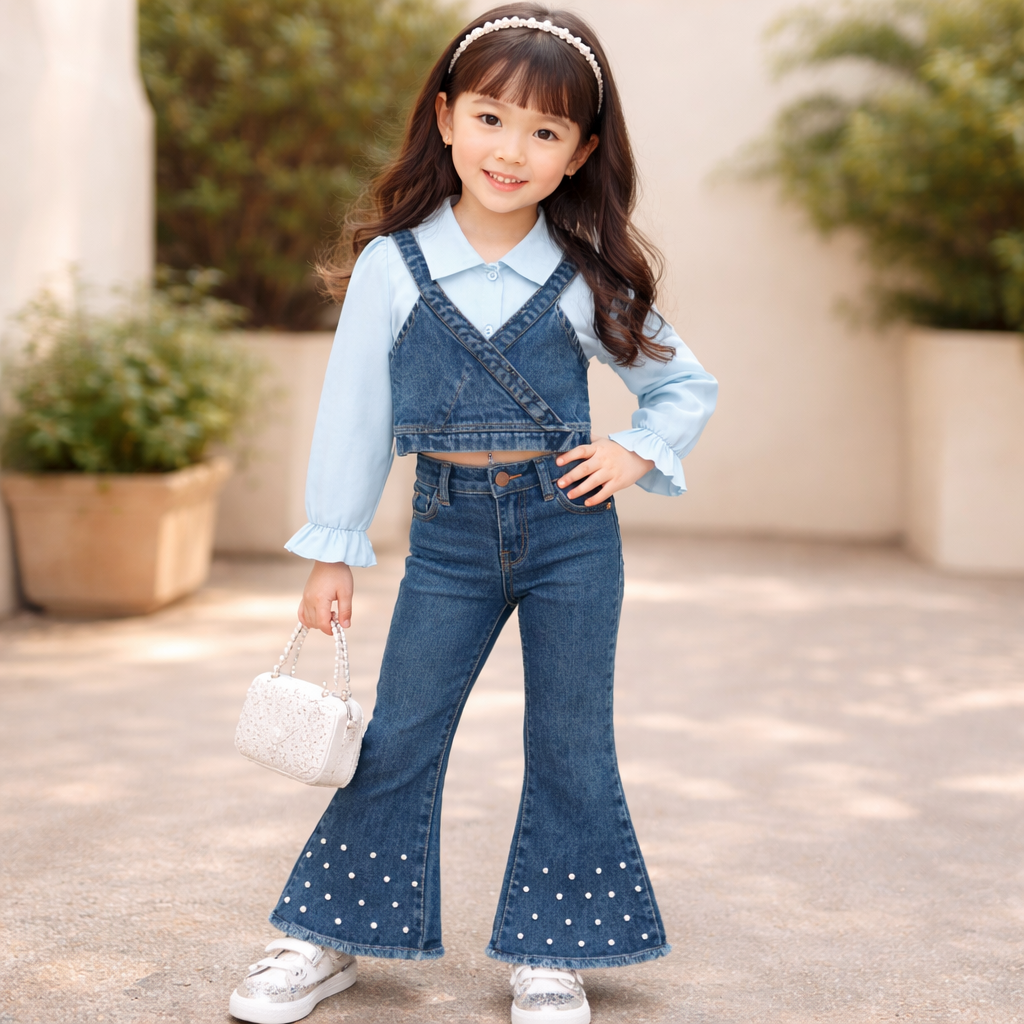 طقم بناتي انيق مكون من شميز بأكمام طويله مع بلوزه وبطلون جينز